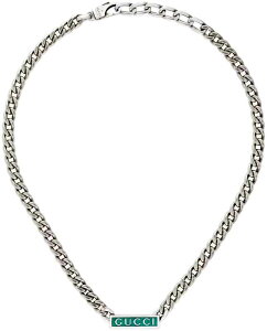 GUCCI グッチ ペンダントネックレスエナメルターコイズブブルーグリーンスクエアバープレートトップ ワイドゴルメットチェーンスターリングシルバー ロゴ刻印クラスプクロージャー喜平キ