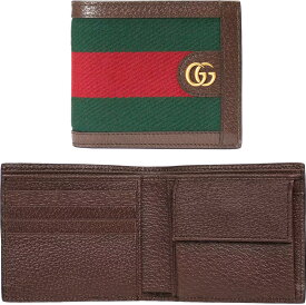 GUCCI グッチメンズ 小銭入れ付き2つ折財布グリーン×レッドウェブカラーキャンバスダブルGゴールドロゴ 型押しダークブラウンレザーコインウォレット アーカイブデザインウェブ ストライプ 8742DBR二折り財布 さいふ サイフ カードウォレット