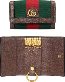 GUCCI グッチキーリング付き6連キーケースグリーン×レッドウェブラインアンティークゴールドダブルGロゴウェブストライプキャンバス キーホルダーブラウンレザートリム 8742DBRメンズ レディース ユニセックス カーフスキンレザー