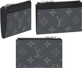 LOUIS VUITTON ルイヴィトンメンズ パスケース付きコインケースファスナー小銭入れ付きクレジットカードケースブラック×ダークグレーモノグラムエクリプスキャンバス牛革財布 ウォレットトポケット付きコインパースコンパクトコインカードホルダー