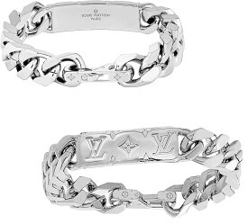 LOUIS VUITTON ルイヴィトンメンズ シルバーチェーンブレスレット彫刻モノグラムパターン ルイビトン喜平チェーン LV＆モノグラムフラワー刻印