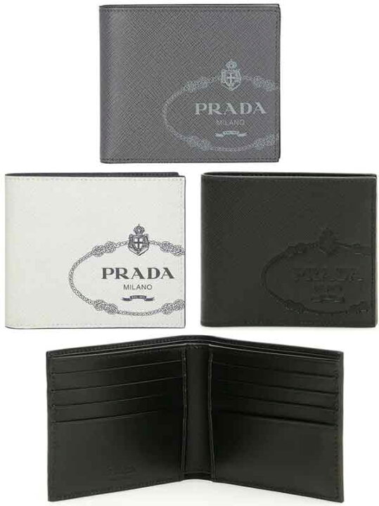 楽天市場 Prada プラダメンズ 二つ折り財布 札入れ サフィアノカーフレザーミラノロゴプリントブラック オフホワイト ブラック グレーsaffiano Print Wallet型押しロゴ２つ折り財布 サフィアーノ 小銭入れなし Talco Nero F0002f0n13whf0mo7gy Kaminorth