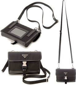 プラダ PRADA ショルダーバッグ長財布 スマートフォンケース取り外し可能ショルダーストラップトライアングルメタルロゴ ショルダーウォレットブラックサフィアノカーフレザー×ナイロン 牛革 ナイロン NEROPLATINOF0002F0522