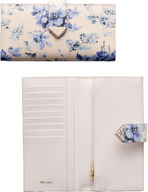 PRADA プラダ レディース小銭入れ付き二つ折り長財布三角ロゴプレートベルトホックホワイト×ピンク×ライトブルー 花柄フローラルプリントサフィアーノレザーサフィアノカーフレザー F0237WHLBLエナメルメタルトライアングルロゴ