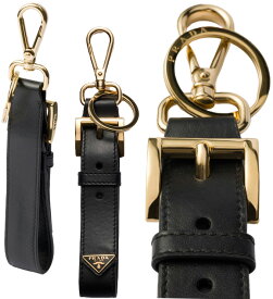 PRADA プラダ キーホルダー レディース メンズ三角ロゴプレート フック＆ロゴ刻印キーリングエナメルメタルトライアングルロゴスナップフック＆スプリットリングブラック×ゴールド ベルトループストラップ F0632BKGD
