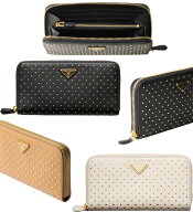 PRADA プラダ レディース小銭入れ付きラウンドファスナー長財布三角ロゴプレート オールオーバーメタルミ…