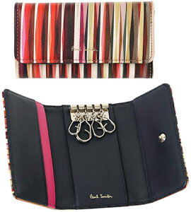 Paul Smith �|�[���X�~�X���f�B�[�X 4�A�L�[�P�[�X�s���N�n�N���X�I�[�o�[�}���`�J���[�c�C�X�g�X�g���C�v �l�C�r�[�c�C�X�g�v���Y���^�����G���{�X���U�[CROSS OVER STRIPE KEYCASE