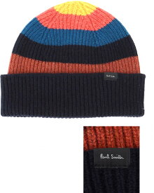 PAUL SMITH ポールスミスニットキャップ ラベルタグロゴウールビーニー ニット帽アーティストストライプ ニットキャップイエロー×ターコイズ×ブラック×ダークブラウンロールアップ