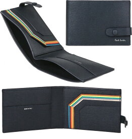 Paul Smith ポールスミスメンズ 二つ折り財布ジオメトリックストライプ札入れカードケース シルバー箔押しロゴイタリア製ブラックレザー アーティストストライププリントスナップボタン開閉ベルト付き2折り財布