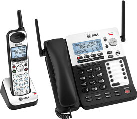 4番号の複数回線をこれ1台で留守電話機能付きコードレス電話機盗聴され難くクリアな音声通話可能なDECT6.0方式採用コードレス子機付きデジタルビジネスフォンコード付き親機 ブラック×シルバー10台まで子機増設可能AT&T Cordless Telephone