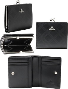 VivienVivienne Westwoodヴィヴィアンウエストウッドメンズ レディース 男女兼用がま口小銭入れ付き2つ折り財布バイアスチェックエンボスレザー ラインオーブロゴプレートブラック ブリックター