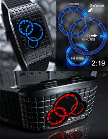 未来系LED腕時計メンズ レディース ユニセックスウォッチLEDトリプルリング 衛星の軌道3つのリングで時間を表示カモフラージュ レッドLED ブルーLED三連リング表示ブラック ストラップベルト