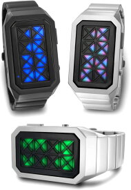 未来系LED腕時計 メンズウォッチステンドグラスにヒビがはいったようなフェイスマルチカラーLED×シルバーベルト6色のLEDカラーが1つの時計に