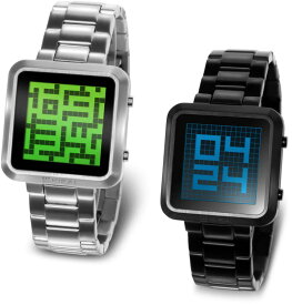 未来系LED腕時計 メンズウォッチレディースデジタルウォッチメーターボルテックス 時計の概念をリセットしたブラック シルバー スクエアケース メタルバンドレッド ブルー グリーン ミラーLCD 迷路ユニセックス LCDダイヤル アニメーション表示