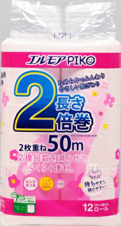 楽天市場 カミ商事 エルモア ピコ2倍巻き ピンク トイレットペーパー 12ロール ダブル50m 6パック入り まとめ買い 送料無料 Kamiyasan
