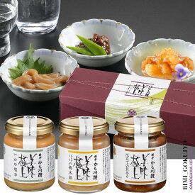 夏ギフト 料亭の強肴 【 いかの塩辛 ・こりこりくらげ梅水晶 ・ほたて貝味噌 】 化粧箱入り 3本 セット | 瓶詰め 珍味 酒の肴 あて 梅水晶 くらげ ほたて 帆立 味噌 貝柱 イカの塩辛 いか塩辛 お取り寄せ 海鮮 塩辛 母の日 おつまみ ご飯のお供