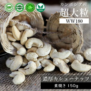 カンボジア 超大粒 WW180 カシューナッツ 150g ( 素焼き 食塩 不使用 ) 甘い 濃厚 無塩 美味しい おつまみ おやつ ロースト ダイエット 健康食品 おいしい ハラル ヴィーガン プレーン カンボジア