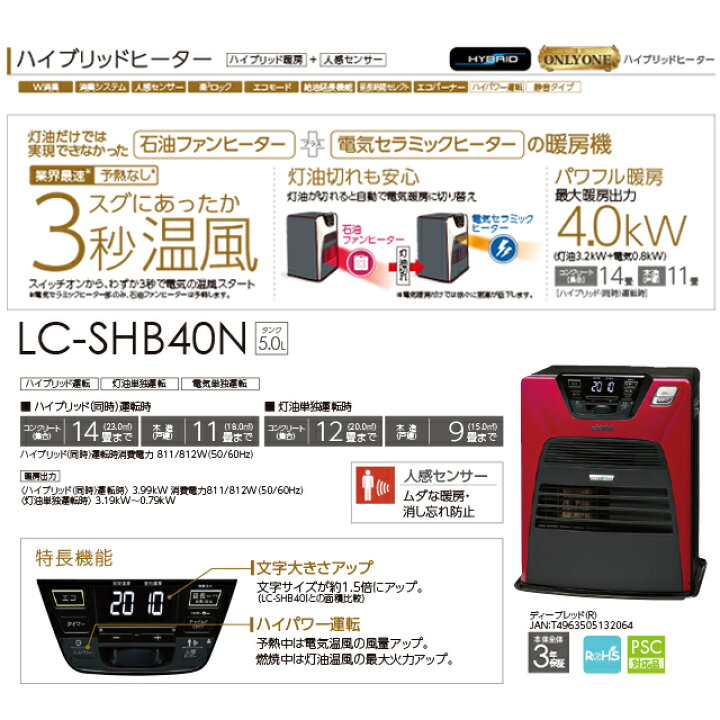 楽天市場】[LC-SHB40N-R] ハイブリッドヒーター＋人感センサーモデル 