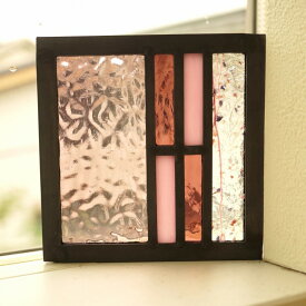 ステンドグラス パネル 住宅用 市松ライン ピンク×パープル 4種のガラス 〔12cm×12cm〕