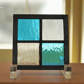 ステンドグラス パネル 住宅用 格子2×2 水色×クリア 〔12cm×12cm〕　