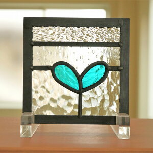 ステンドグラス パネル 住宅用 二葉 ブルーグリーン 12cm×12cm【ステンド 室内窓 小窓 葉っぱ ドア明かり採り 新築 改築 新生活 リフォーム インテリア 建材パーツ 空間アクセント 室内装飾 壁