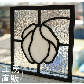 ステンドグラス パネル 住宅用 白い花 18cm×18cm　【ステンド 室内窓 壁埋め込み スクエア 小窓 アンティーク 明かり採り】