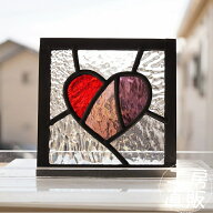 ステンドグラス パネル パッチワークハート レッド×ピンク×パープル 〔12cm×12cm〕
