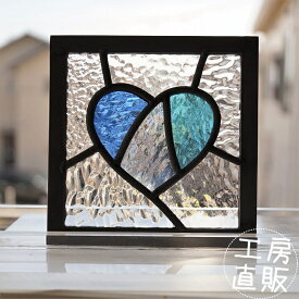 ステンドグラス パネル 住宅用 パッチワークハート ブルー×水色 12cm×12cm【ステンド 室内窓 小窓 青 ドア明かり採り 新築 改築 新生活 リフォーム インテリア 建材パーツ 空間アクセント 室内装飾 壁装飾】