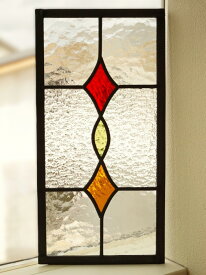 ステンドグラス パネル 住宅用 ダイヤと楕円 長方形 レッド×ブラウン 18cm×36cm【ステンド 室内窓 壁埋め込み 青 小窓 明かり採り 新築 改築 新生活 リフォーム インテリア 建材パーツ 空間アクセント 室内装飾 壁装飾】