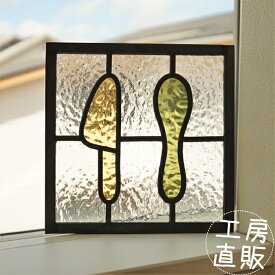 ステンドグラス パネル 住宅用 ナイフとスプーン イエロー×グリーン 18cm×18cm　【ステンド 室内窓 壁埋め込み スクエア 小窓 明かり採り キッチン 新築 改築 新生活 リフォーム インテリア 建材パーツ 空間アクセント 室内装飾 壁装飾】