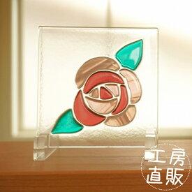 フュージング 住宅用ガラスパネル バラ スモークピンク 12cm×12cm【ステンドグラス工房直販 ドア 扉 花 明かり採り 小窓 新築 改築 新生活 リフォーム インテリア 建材パーツ 空間アクセント 室内装飾 壁装飾】