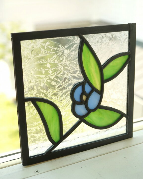 楽天市場】ステンドグラス パネル ブルーの花と葉っぱ 〔18cm×18cm 