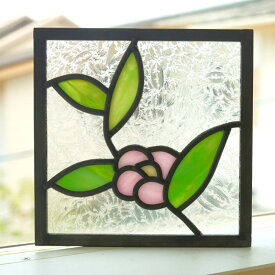 ステンドグラス パネル 住宅用 葉っぱと花 左 ピンク 18cm×18cm　【ステンド 室内窓 壁埋め込み スクエア 小窓 植物 明かり採り】
