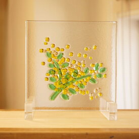 フュージング 住宅用ガラスパネル ミモザ1 12cm×12cm 【ステンドグラス工房直販 ドア 扉 明かり採り 花 ミニ 壁埋め込み 小窓 新築 改築 新生活 リフォーム インテリア 建材パーツ 空間アクセント 室内装飾 壁装飾】