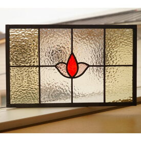 ステンドグラス パネル 住宅用 チューリップ レッド×ピンク 2×4格子 40cm×25cm　【ステンド 室内窓 壁埋め込み スクエア 小窓 アンティークモチーフ レトロ 明り採り 新築 改築 新生活 リフォーム インテリア 建材パーツ 空間アクセント 室内装飾 壁装飾】