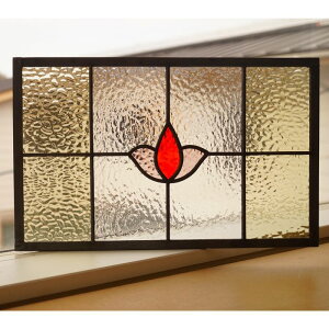 ステンドグラス パネル 住宅用 チューリップ レッド×ピンク 2×4格子 40cm×25cm 【ステンド 室内窓 壁埋め込み スクエア 小窓 アンティークモチーフ レトロ 明り採り 新築 改築 新生活 リフォ