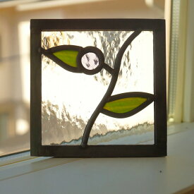 ステンドグラス パネル 住宅用 葉っぱとむらさきの実 12cm×12cm　【ステンド 室内窓 壁埋め込み スクエア 小窓 植物 明かり採り】