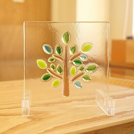 フュージング 住宅用ガラスパネル 新緑の樹 12cm×12cm 【ステンドグラス工房直販 ドア 扉 明かり採り ミニ 緑 壁埋め込み 小窓 新築 改築 新生活 リフォーム インテリア 建材パーツ 空間アクセント 室内装飾 壁装飾】