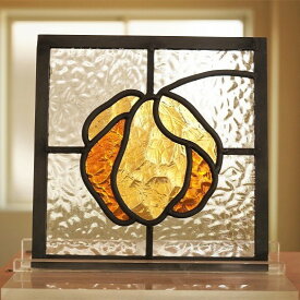 ステンドグラス パネル 住宅用 黄色い花 18cm×18cm　【ステンド 室内窓 壁埋め込み スクエア 小窓 アンティーク 明かり採り】