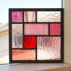 ステンドグラス パネル 住宅用 9つのスクエア ピンク×パープル 〔18cm×18cm〕