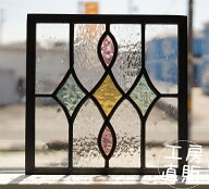 ステンドグラス パネル ダイヤと楕円 背景クリア ピンク×グリーン×イエロー 〔18cm×18cm〕
