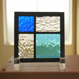 ステンドグラス パネル 住宅用 4つのガラス 格子 ブルー×水色×クリア4種のガラス 〔12cm×12cm〕　