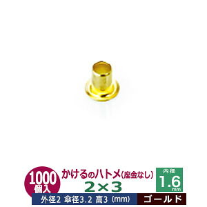 かけるの ハトメ 2X3 2mm【ゴールド】1000コ入1袋 外径 2mm 高 3mm 内径 1.6mm 傘径 3.2mm キリンス処理 真鍮 座金なし 足 長 3mm 極小 ハトメ 電気ハトメ 鳩目 穴の補強 電気基盤 パーツ 模型 プラモデ