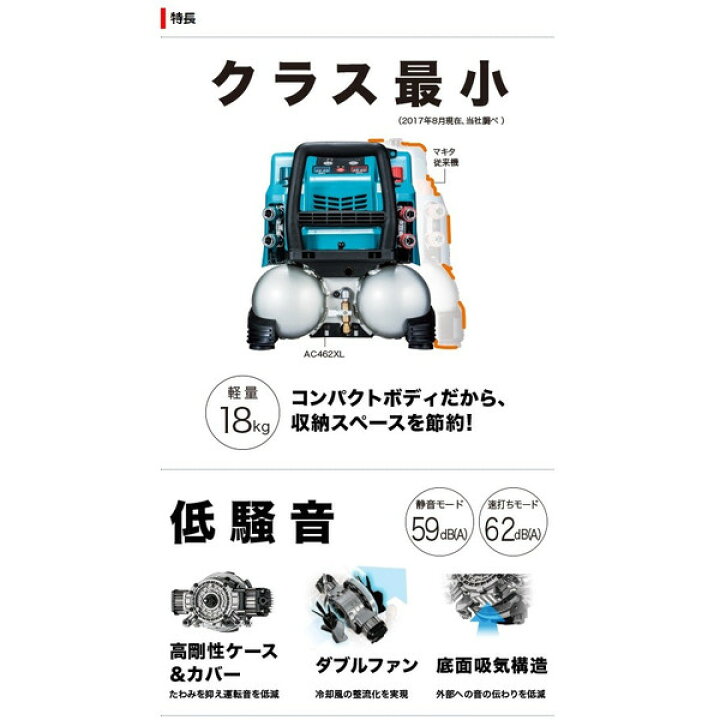 楽天市場】(マキタ) エアコンプレッサ AC462XGH 50/60Hz共用 タンク 