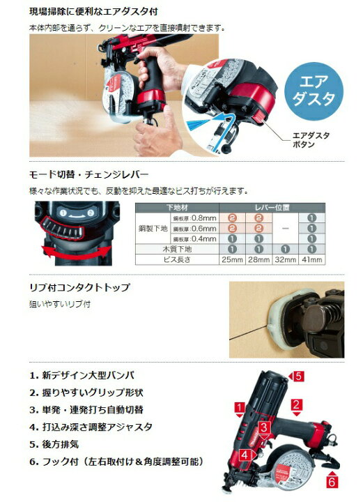 楽天市場】(マキタ) 41mm 高圧エアビス打ち機 AR411HR 赤 装てん本数 