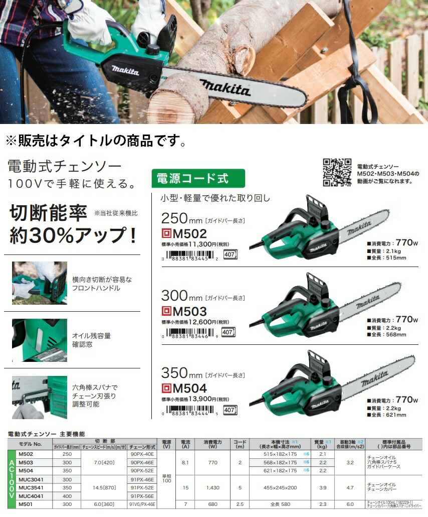 楽天市場】(マキタ) 電動式チェンソー M503 ガイドバー長さ300mm 消費