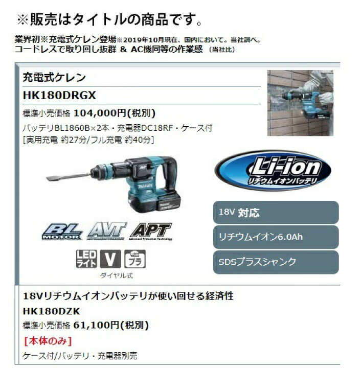 楽天市場】(マキタ) 充電式ケレン HK180DRGX バッテリBL1860Bx2本+充電 