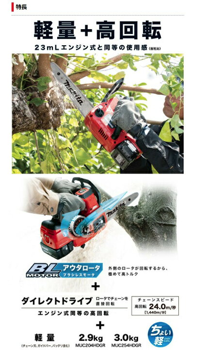 楽天市場】(マキタ) 充電式チェンソー MUC254HDZR 赤 本体のみ 