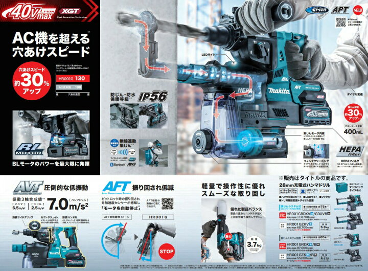 楽天市場】マキタ 28mm 充電式ハンマドリル HR001GDXVB 黒 集じん 