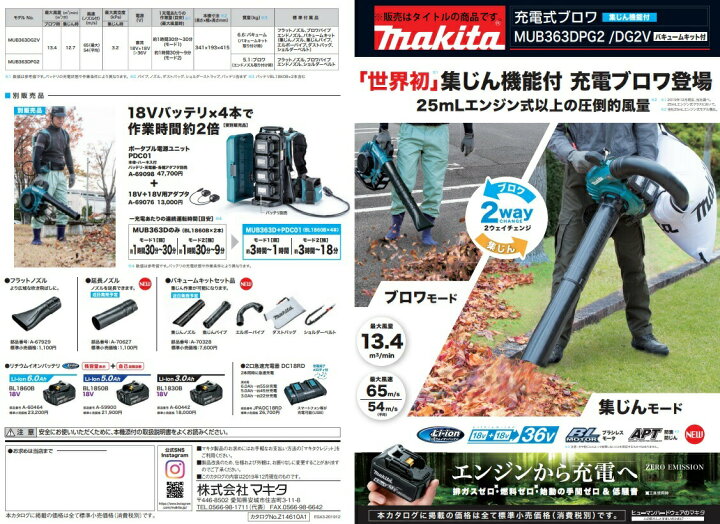 楽天市場】(マキタ) 充電式ブロワ バキュームキット付 MUB363DG2V 